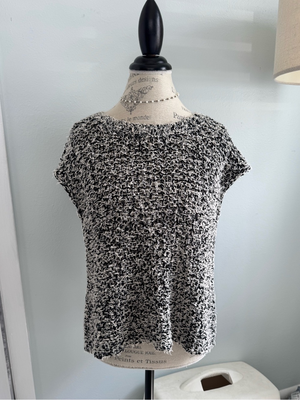 Eileen Fisher Black & White Textured Knit Short-Sleeve Top